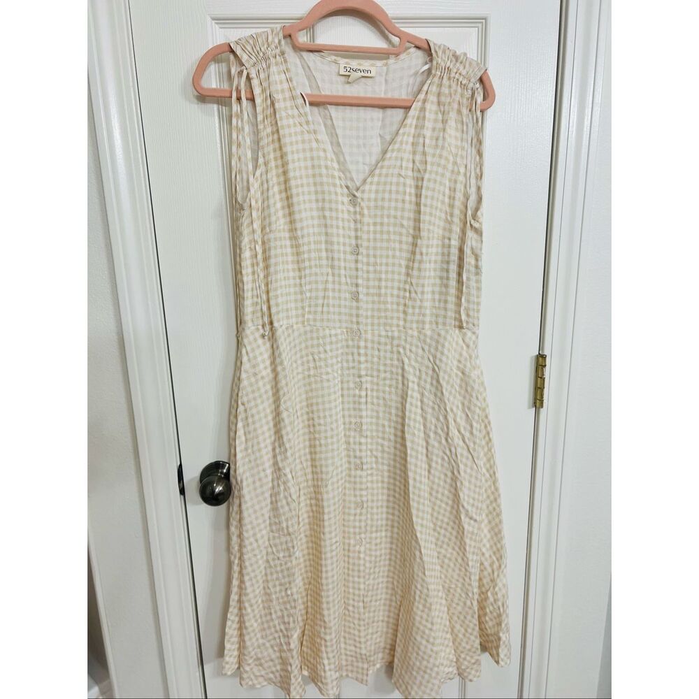52Seven Women's Gingham Sleeveless V-Neck Button Front Dress Yellow White Sz 10